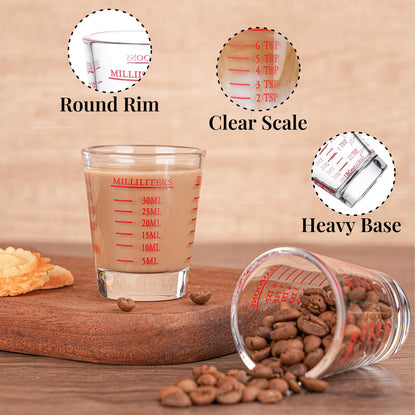 Measuring cup Espresso Shot Glass Liquid Heavy Glass Wine Glass 26-Incremental Measurement 1oz, 6 Tsp, 2 Tbs, 30ml (2 pack-red)