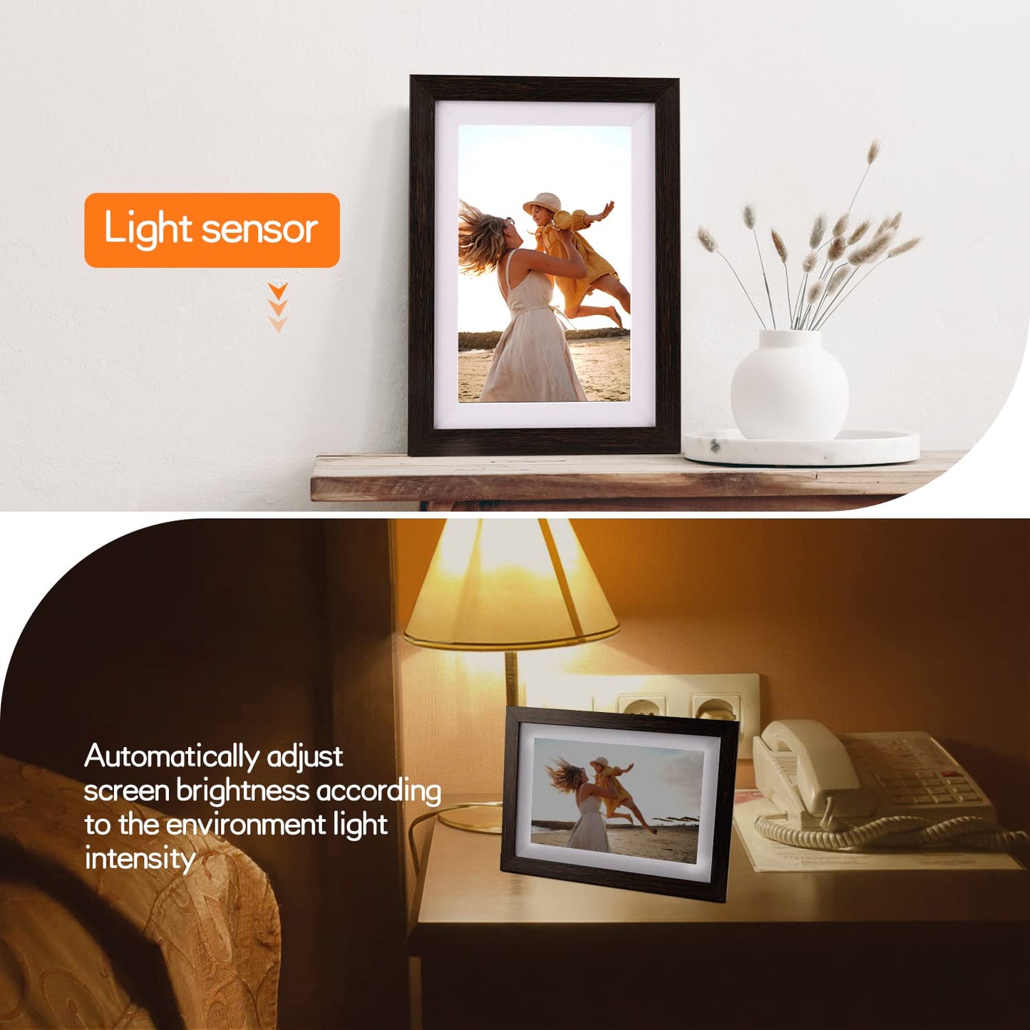 Frameo Digital Picture Frame WiFi 10.1inches Digital Photo Frame, Electronic Photo Frame Load from Phone, 1280x800 IPS Touch Screen HD Display, Auto-Rotate, Share Photos/Video-Great Gift(Brown Wood)
