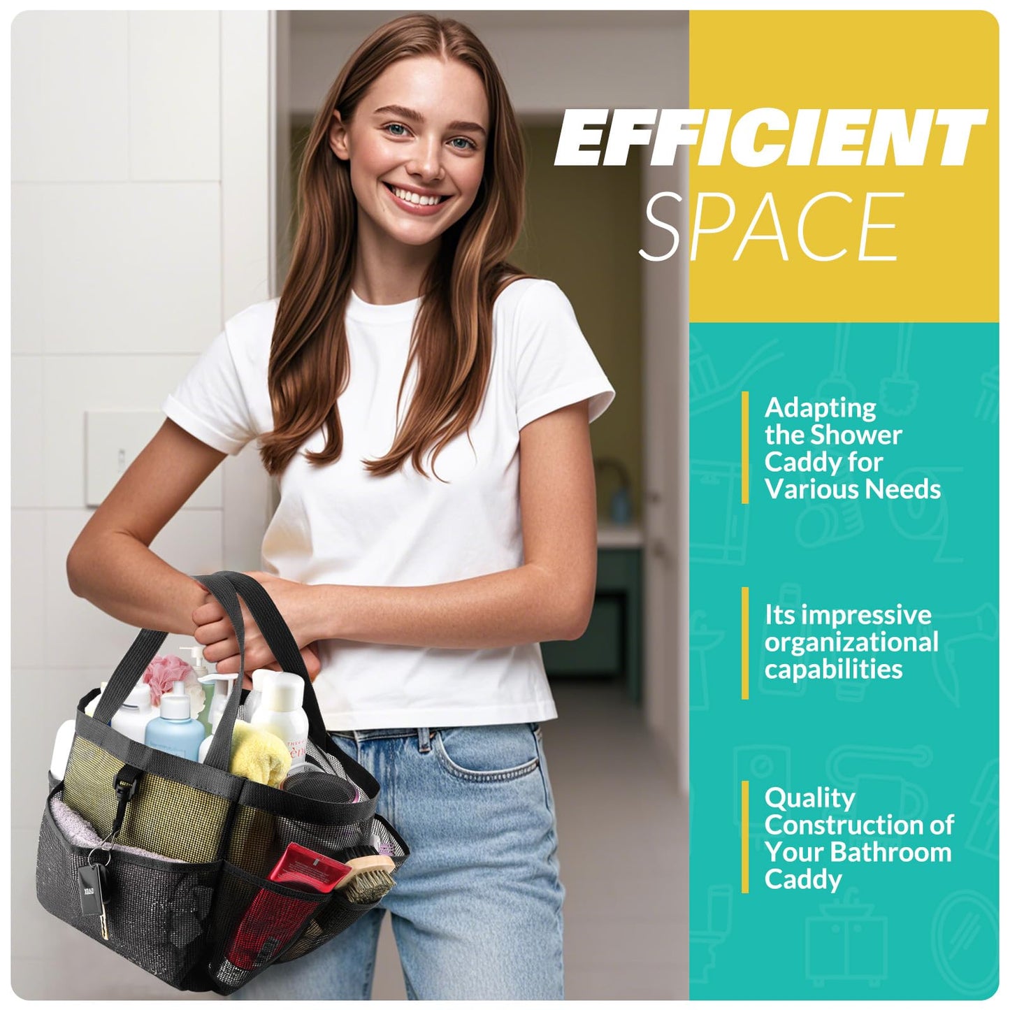 LOYEE Mesh Shower Caddy Portable for College Dorm Room Essentials with 8 Pockets, Shower Bag for Beach, Swimming, Gym, Travel, Bathroom(Black)