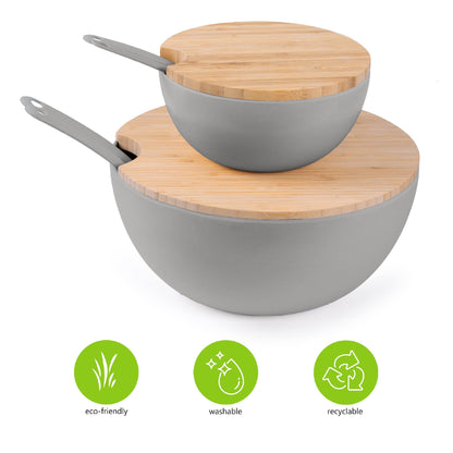 11.5" Extra Large Salad and 8" Serving Bowl with Wooden Lid and Servers - Bamboo Fiber Wood Mixing Bowl Set with Utensils & Wooden Cutting Board Top for Fruits, Vegetable Salads, Pasta (8pc Set) Grey
