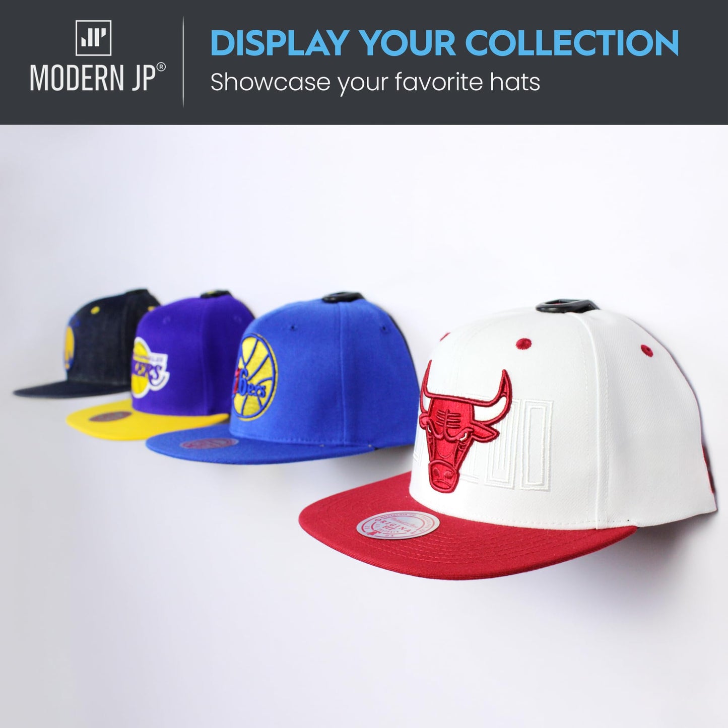 Modern JP Adhesive Hat Hooks for Wall (16-Pack) - Hat Rack for Baseball Caps, Minimalist Hat Display, Strong Hold Hat Hangers for Wall - USA Patented, Black