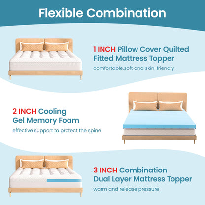 Mattress Topper Full Size, 3 Inch Full Mattress Topper Dual Layer, 1 Inch Pillow Topper and 2 Inch Cooling Gel Memory Foam Mattress Topper for Back Pain