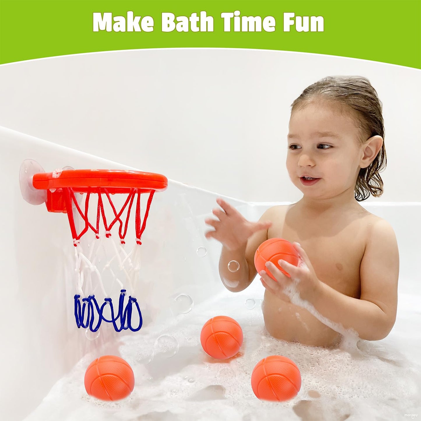 MARPPY Bath Toys - Bathtub Basketball Hoop for Kids Toddlers - Mold Free Bath Toys with Suction Cup & 3 No Hole Balls - Shower and Bathtub Toys for Toddlers - Boys Girls