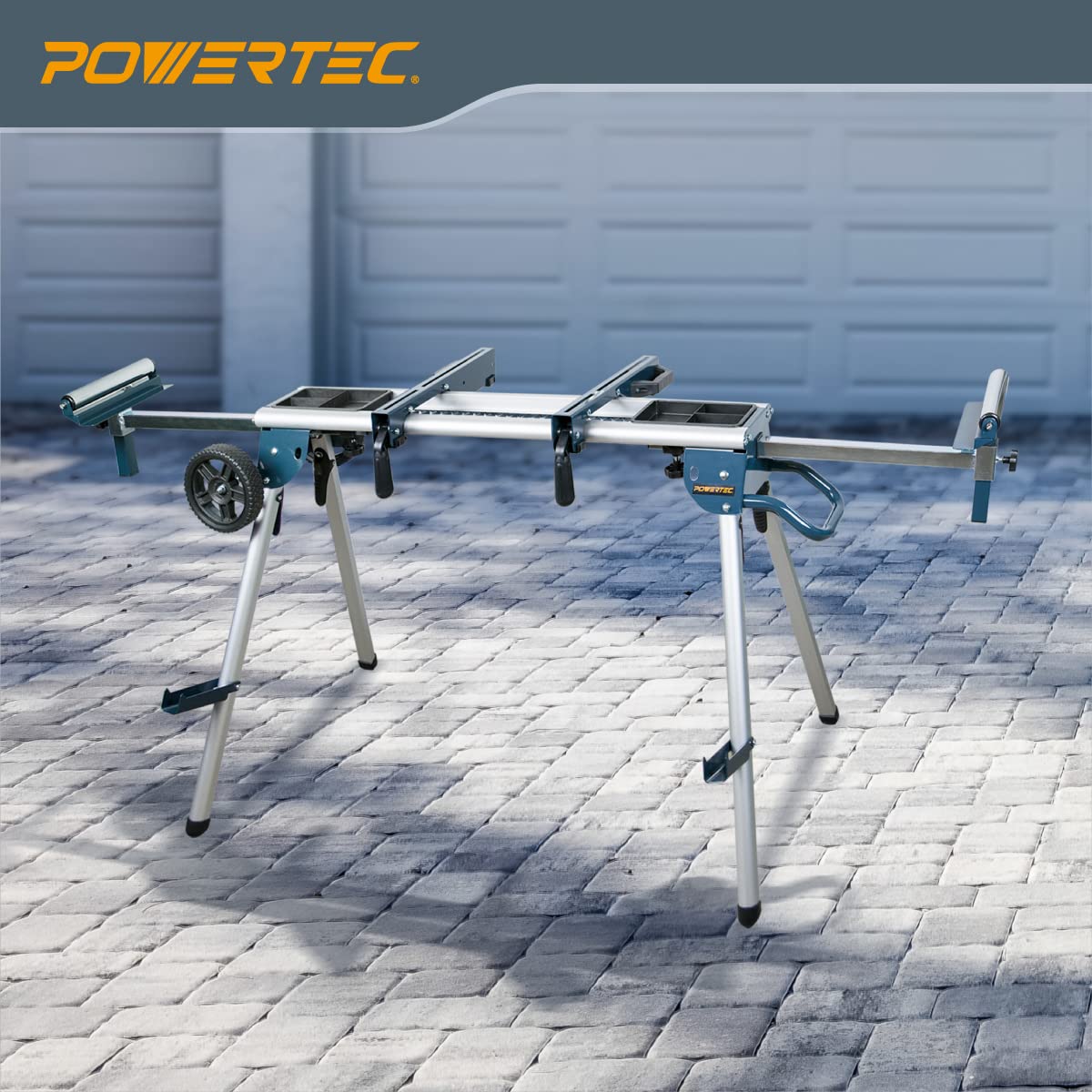 POWERTEC Miter Saw Stand with Wheels, Collapsible and Portable Tool Stand with Systematic Tool Storage Trays, 330Lbs Load Capacity and Quick-Release Mounting Brackets, Miter Saw Accessories (MT4008)