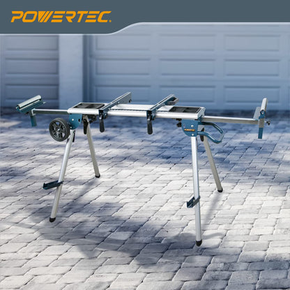 POWERTEC Miter Saw Stand with Wheels, Collapsible and Portable Tool Stand with Systematic Tool Storage Trays, 330Lbs Load Capacity and Quick-Release Mounting Brackets, Miter Saw Accessories (MT4008)