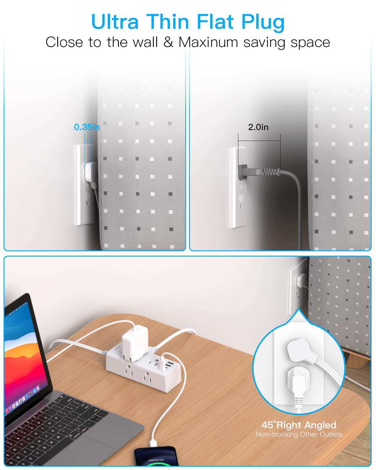 One Beat 10Ft Extension Cord with Multiple Outlets,Flat Plug Power Strip Surge Protector with 10 Ft Long Cord,6 Outlet 4 USB Ports (2USB C),Multi Outlet Wall Plug for Travel,College,Dorm Essentials