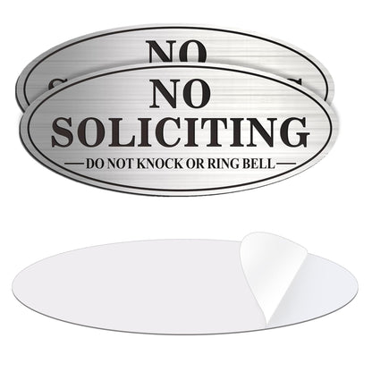 No Soliciting Sign, 2 Pack Self-Adhesive Aluminum Metal No Solitation Do Not Knock or Ring Bell Sign, 7.0 x 3.0 inches Fade Resistang Signs for Office and Home (Brushed Nickel/Black)