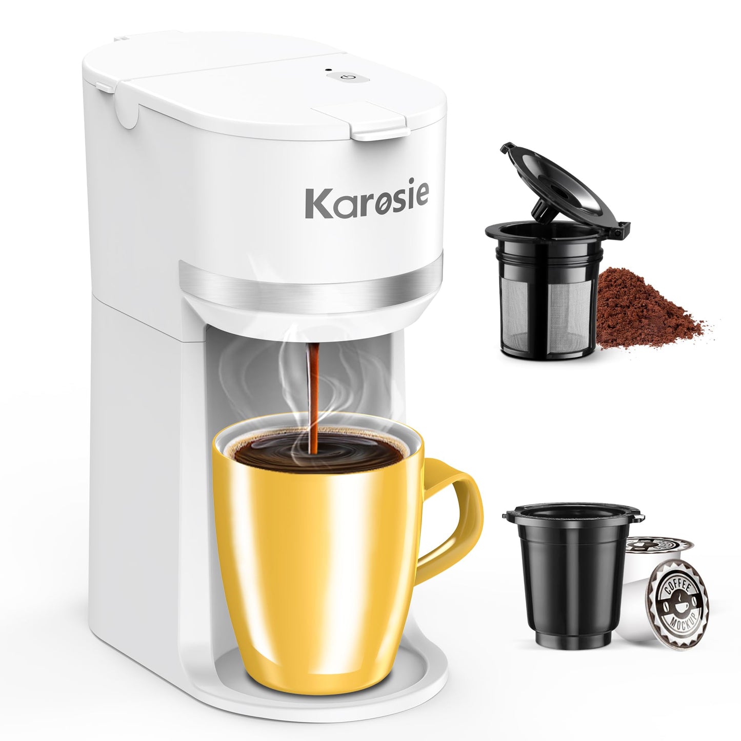 Karosie Single Serve Coffee Maker for K-Cup and Ground Coffee, Fast Brew, 6-12 oz Brew Sizes One Cup Coffee Machine Fits 5.5" Mugs, One-Button Small Coffee Maker with Descaling Reminder,White