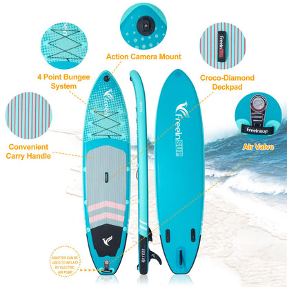 Freein Inflatable Stand Up Paddle Board ，Capacity 2-in-1 SUP/Kayak with Adjustable Seat ，Electric Pump Adapter ，Non-Slip Diamond Deck & Travel Backpack ，for Adults/Fishing/Yoga (Aqua, 11')