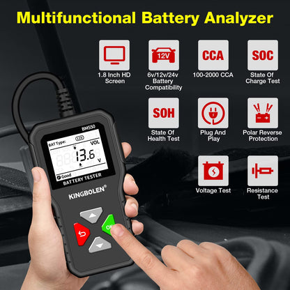 KINGBOLEN BM550 6V 12V 24V Car Battery Tester, 100-2000 CCA Voltage Tester 2Ah-220Ah Internal Resistance Tester Accurate Digital Auto Battery Analyzer for Cars Trucks SUV ATV Boats Motorcycles Vehicle