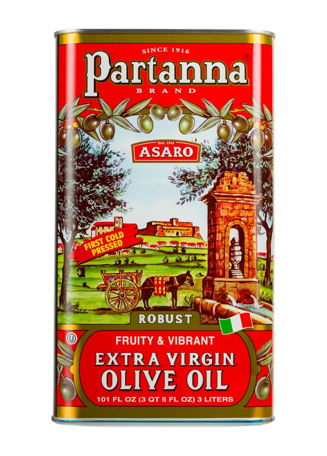 Partanna Robust Extra Virgin Olive Oil - Premium Castelvetrano Oil - Harvested in Sicily - Pure Authentic Italian - Monovarietal - Rich in Flavor - First Cold Pressed - 101 fl oz (3 L) Tin