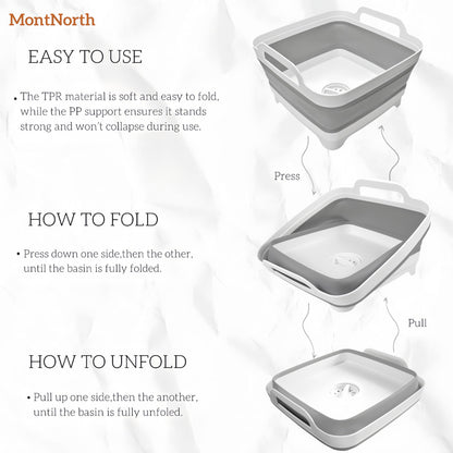 MontNorth Collapsible Wash Basin 9L, Foldable Dish Tub with Drain Plug, Portable Collapsible Dish Basin, Camping Sink for Washing Dishes, Laundry & Kitchen Use,Gray