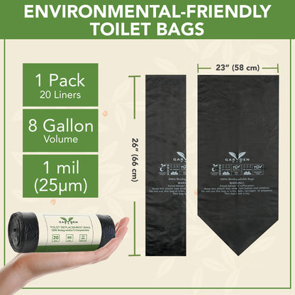 Portable Toilet Replacement Bags | 20 Liners, 8 Gallon 100% Compostable for Camping | OK Compost Home Certified, Plastic Free