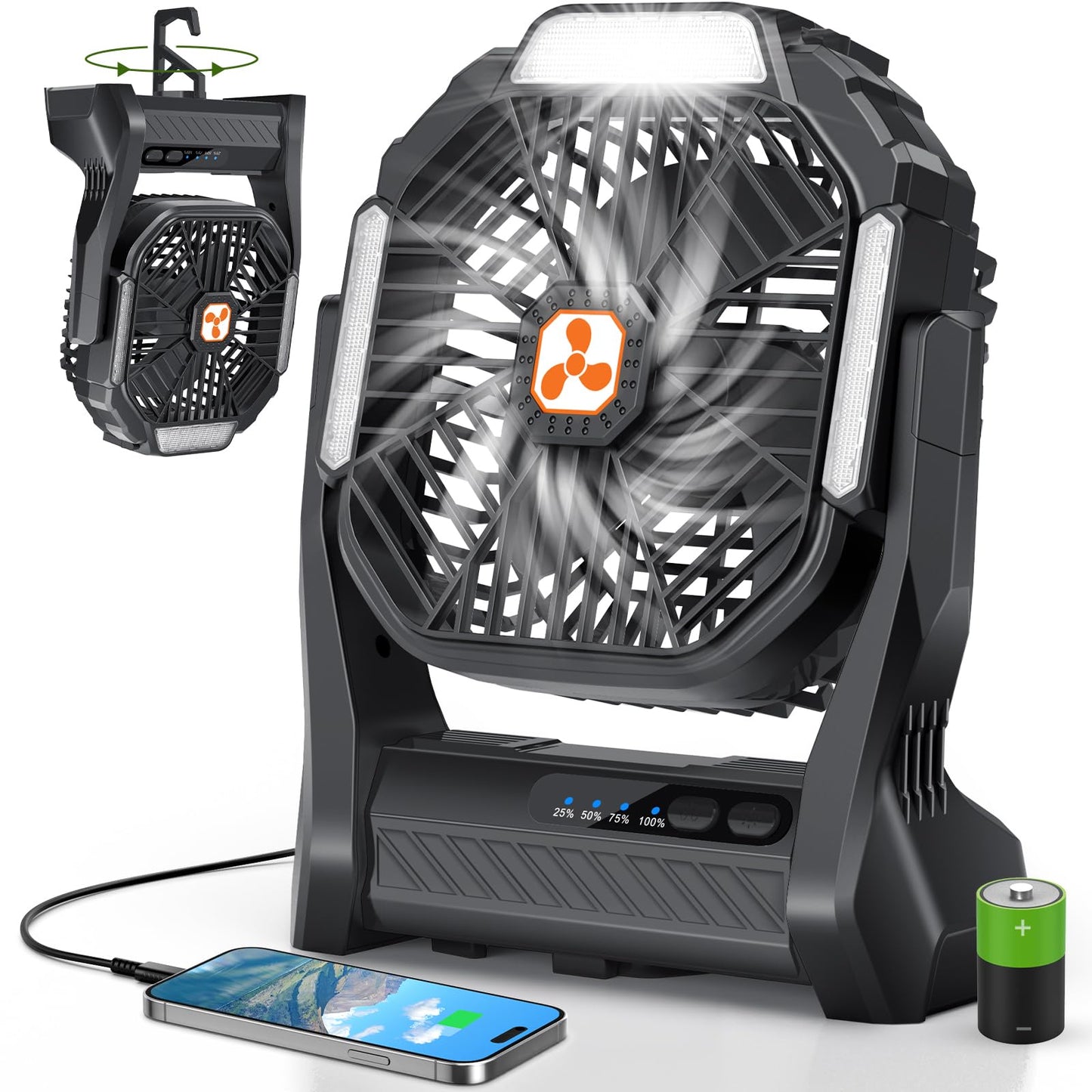 Portable Rechargeable Fan, 20000mAh Cordless Battery Powered Camping Tent Fans with LED Lantern, Small USB C Operated Outdoor Ventilador for Travel Camp Fishing Picnic Beach Office Home Essentials