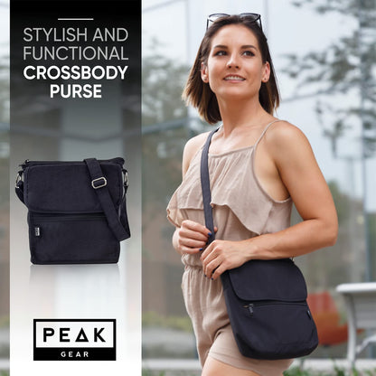 Peak Gear Crossbody Travel Purse with RFID Blocking Pocket and Lifetime Recovery Service. Versatile and Stylish Nylon Shoulder Bag | Black