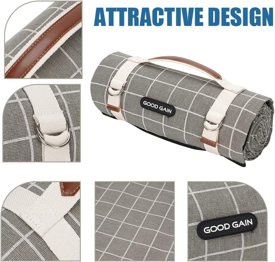 Picnic Outdoor Blankets Waterproof Extra Large - Beach Mat Sand Free Foldable with Carry Strap | Portable Camping Blanket | Park Blanket for Grass Park, Hiking, Travel, Concerts, Indoor (Grey Check)