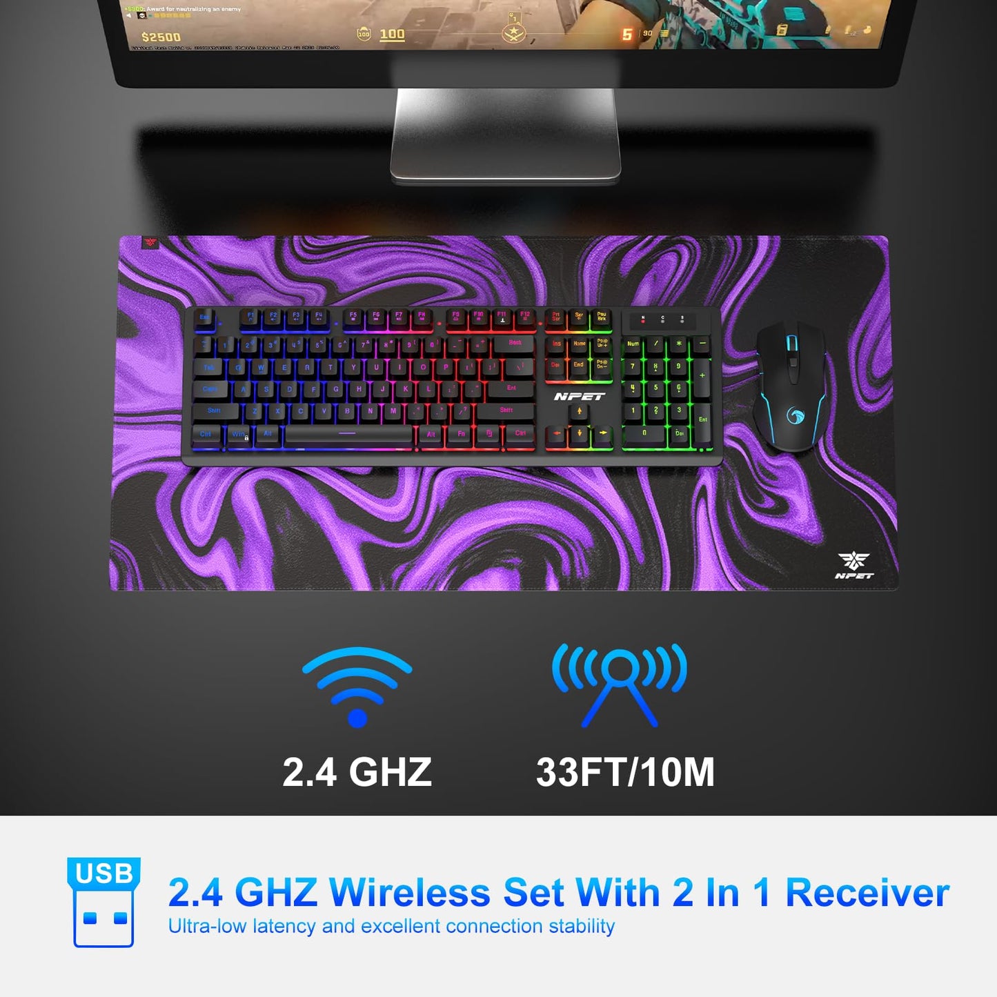 NPET S21 Wireless Gaming Keyboard and Mouse Combo, RGB Backlit Quiet Ergonomic Mechanical Feeling Keyboard, Gaming Mouse 3200DPI, for Desktop