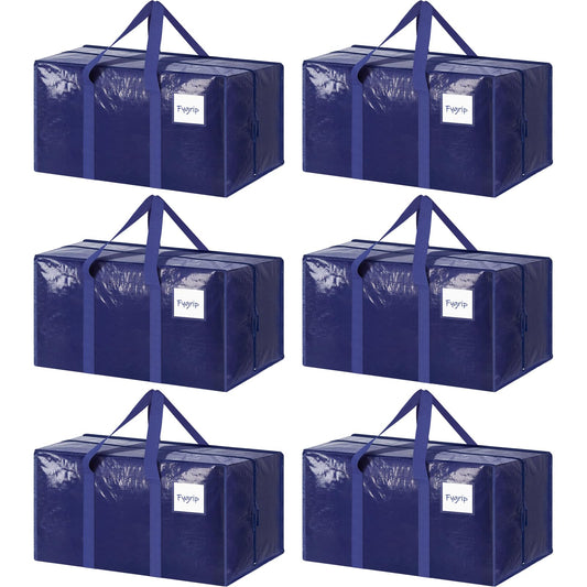 6 Pack Extra Heavy Duty Large Moving Bags with Strong Zipper & Comfortable Handles, Sturdy & Durable Clothes Storage Bags Totes Bins, Blue Packing Moving Boxes for College Supplies, Dark Blue