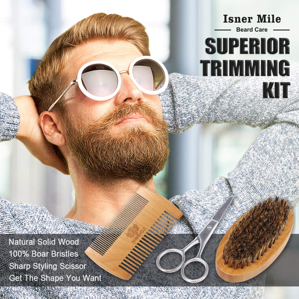 Isner Mile Beard Grooming Kit for Men Care: Trimming Sets with Beard Wash/Shampoo - Oil - Balm - Brush - Comb - Scissors & Storage Bag, Valentines Birthday Fathers Gifts for Dad Men Husband Boyfriend