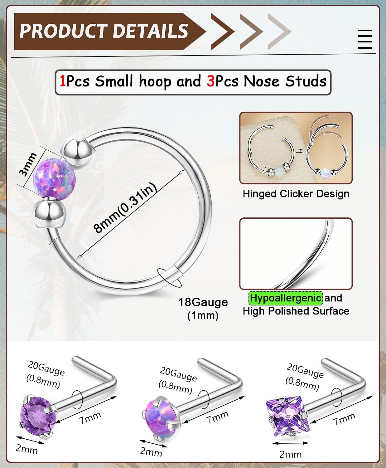 4PCS Stainless Steel Nose Rings Set for Women Men,Hypoallergenic 20G L-Shaped Nose Studs 18G Purple Opal Hinged Small Silver Hoops for Nostril Septum Cartilage Helix Rook 2nd/3rd Earlobe Lip Piercings