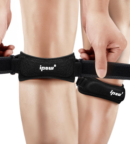IPOW 2 Pack Knee Pain Relief & Patella Stabilizer Knee Strap Brace Support for Hiking, Soccer, Basketball, Running, Jumpers Knee, Tennis, Tendonitis, Volleyball & Squats, Black