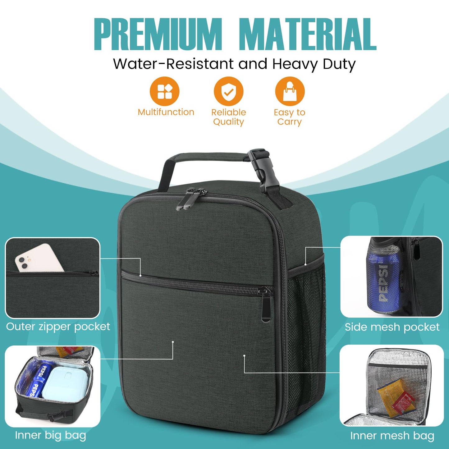 Lunch Bag for Men/Women, Reusable Lunchbox for Adult, Small Insulated Lunch box, Lunch Tote Bag for Office, Work, Picnic - Black