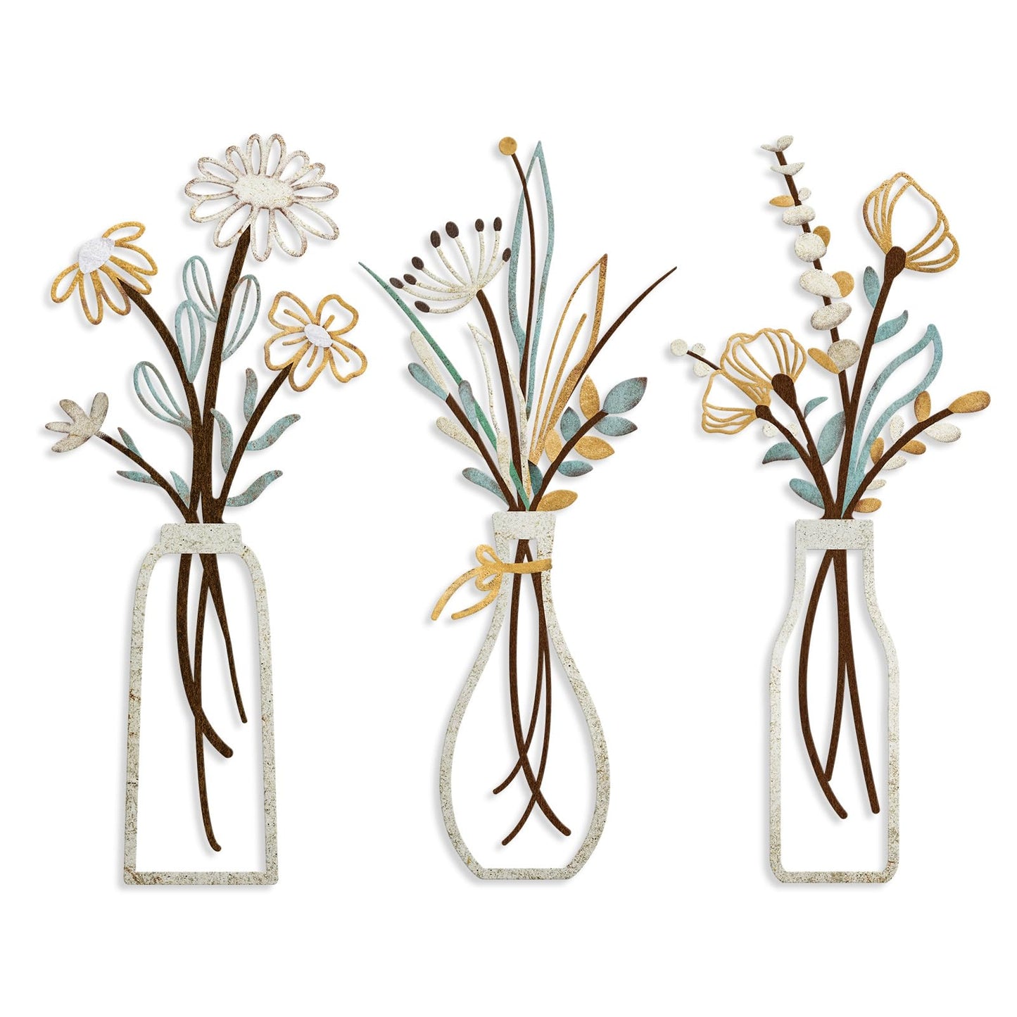 Pigort 3 Pieces Metal Flowers Wall Arts - Rustic Farmhouse Decor Beige Minimalist Flower Wall Decors for Living room Bathroom Bedroom Dining Room-Housewarming Gifts (Beige, Vase-C)