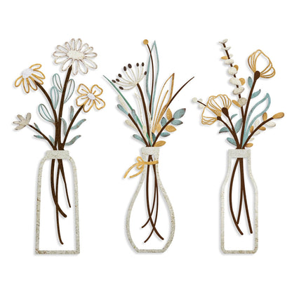 Pigort 3 Pieces Metal Flowers Wall Arts - Rustic Farmhouse Decor Beige Minimalist Flower Wall Decors for Living room Bathroom Bedroom Dining Room-Housewarming Gifts (Beige, Vase-C)
