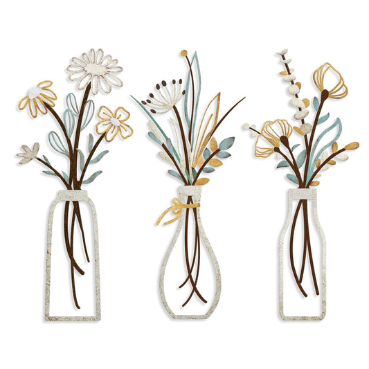 Pigort 3 Pieces Metal Flowers Wall Arts - Rustic Farmhouse Decor Beige Minimalist Flower Wall Decors for Living room Bathroom Bedroom Dining Room-Housewarming Gifts (Beige, Vase-C)