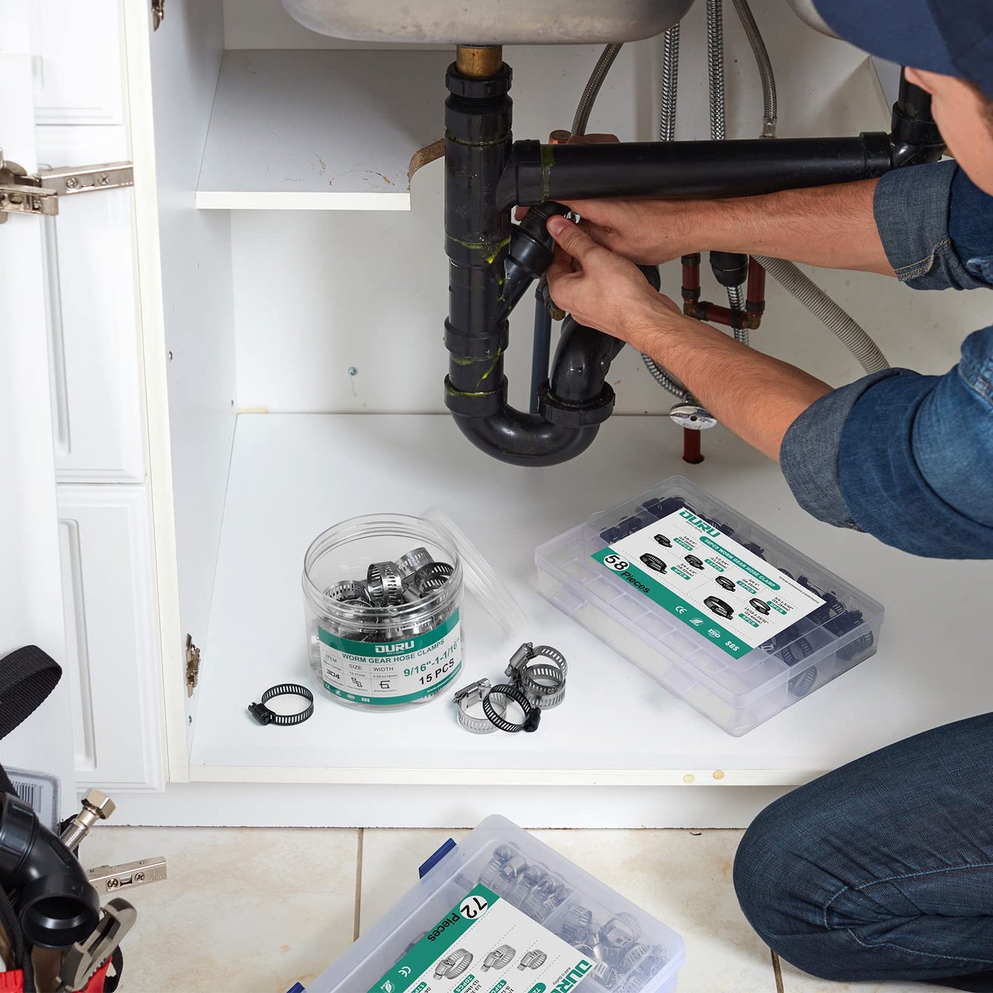 OURU 175PCS Hose Clamps Stainless Steel Assortment Adjustable 1/4"-2"(6-51mm) Worm Gear Hose Clamp, Heavy Duty Metal Small Hose Clamps for Automotive, Pipe, Radiator Plumbing, Fuel Line