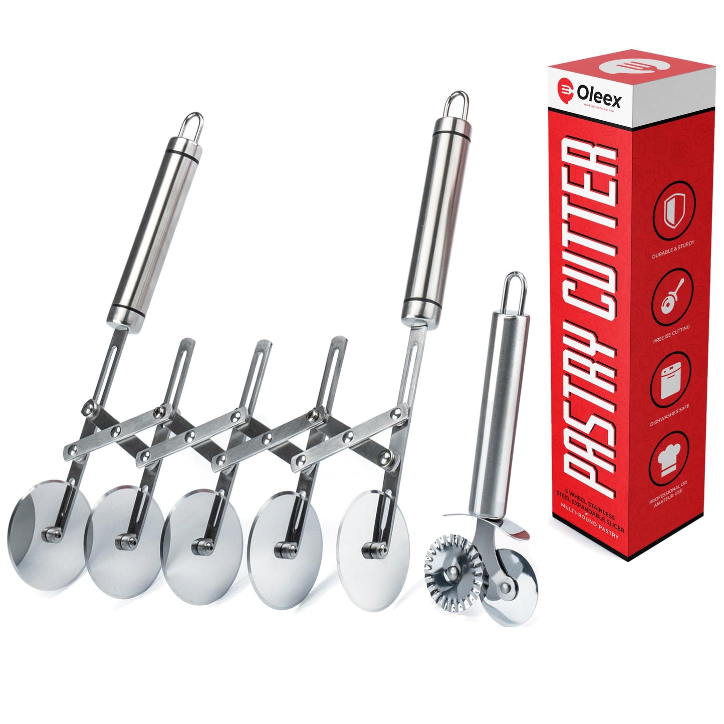 Oleex ‘All-Dough’ Pastry Cutter Set. 5 Wheel Dough Cutter and Dual Fluted Ravioli Cutter Wheel/Pizza Cutter Wheel! Versatile Brownie Cutter, Pasta Maker, Noodle Cutter, Stainless Steel Pizza Slicer