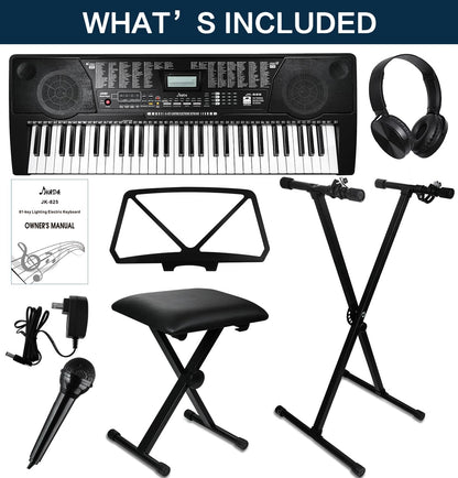 61 Key Portable Electronic Keyboard Piano w/Lighted Full Size Keys, LCD, Headphones, X-Stand, Stool, Music Rest, Microphone, Note Stickers, Built-In Speakers,3 Teaching Modes