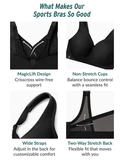 Glamorise Full Figure Plus Size MagicLift Seamless Sports Bra Wirefree #1006 Black