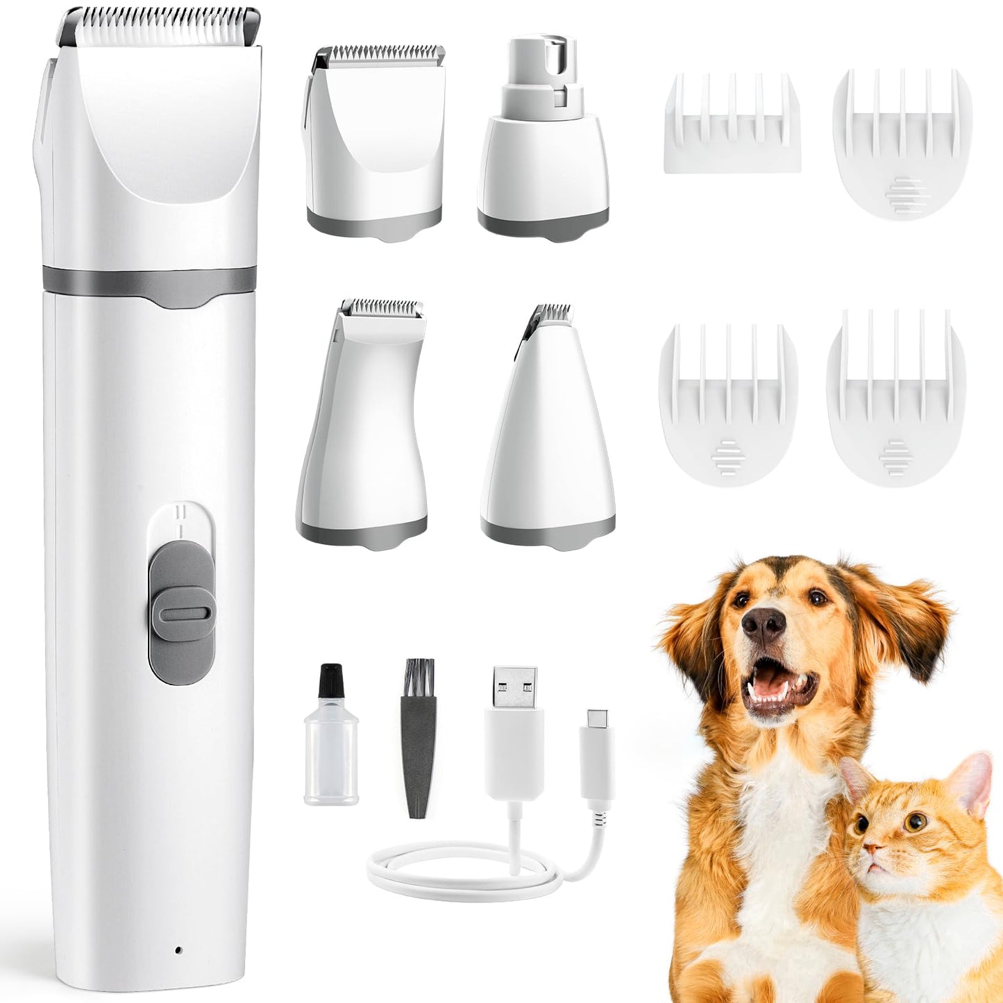 Masagotti Dogs Hair Clippers Grooming Kit with Nail Grinder, 4 in 1 Cordless Electric Trimmer Low Noise USB Pet Clippers for Dogs Cat,Grooming Paws, Eyes, Ears, Face,Matted Hair