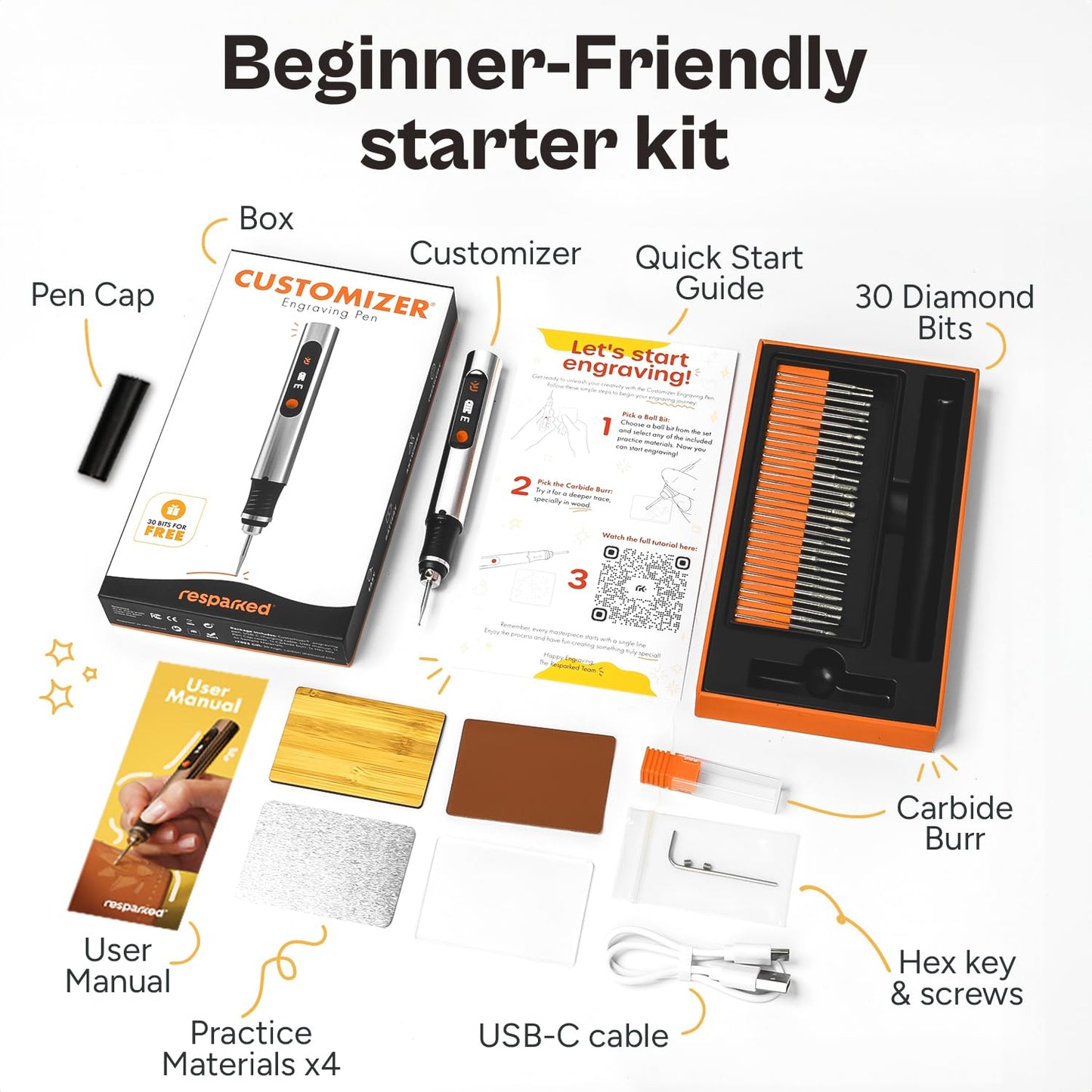 Resparked Customizer Engraving Pen (Formerly Culiau): Ultimate Cordless Portable Tool for Artists & DIYers - Engrave 50+ Surfaces - Beginner Friendly - Rechargeable - Free 30 Bits & Mastery Guide