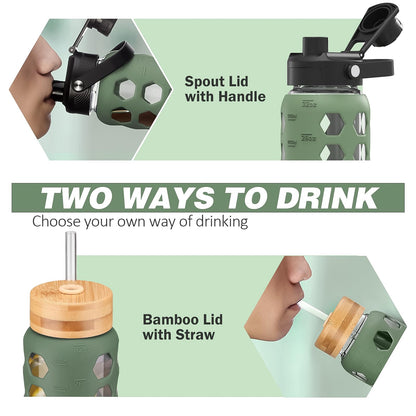 MUKOKO Glass Water Bottles, 32oz Glass Tumbler with Straw, Drinking Bottles with 2 Lids-Handle Spout Lid&Bamboo Straw Lid, Motivational Water Bottle with Time Marker and Silicone Sleeve, 1 Pack-Olive