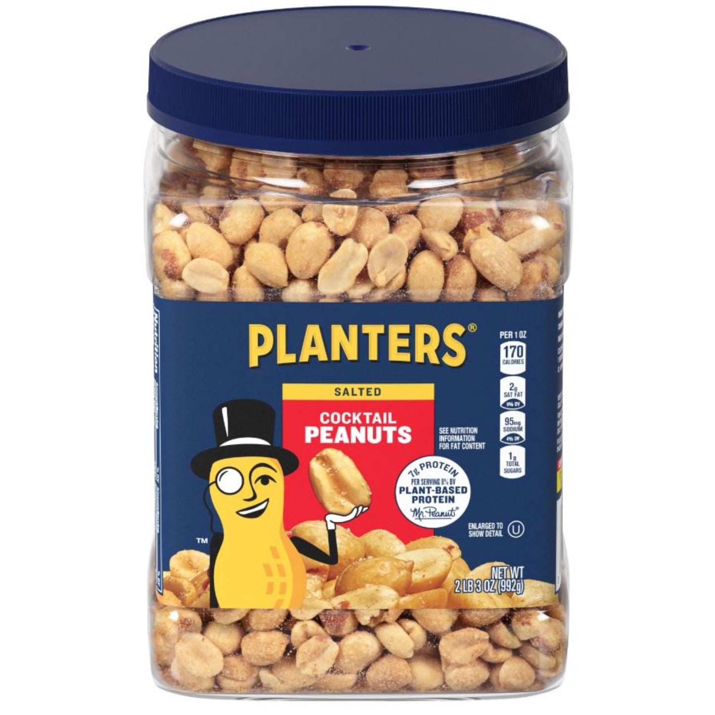 PLANTERS Salted Peanuts Cocktail, Party Snack, Plant-Based Protein, After School Snack, Roasted in Peanut Oil, Salted Nuts, Snacks for Adults, Bulk Nuts, Kosher, 2.19lb Jar