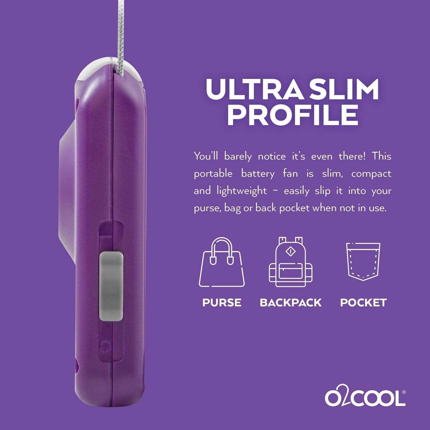 O2COOL Battery Powered Deluxe Necklace Fan For Personal Cooling With Adjustable Lanyard (Purple)
