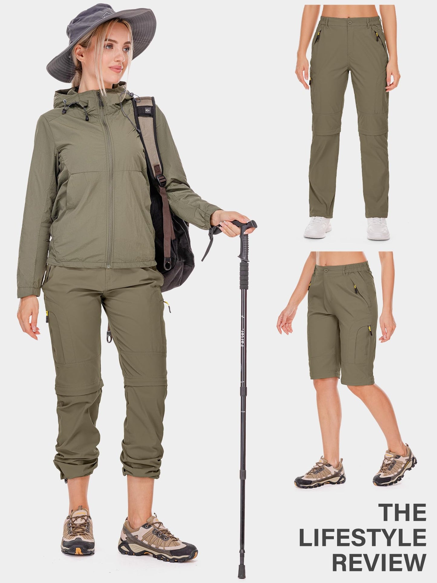 Hiking Pants Women Convertible Outdoor Lightweight Quick Drying Travel Zip Off Shorts Safari Pants, 4409,Khaki, 14