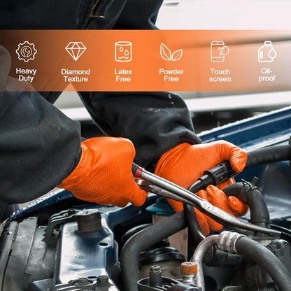 PROMEDIX P Heavy Duty Nitrile Disposable Gloves,8-mil Orange,Raised Diamond Texture Work Gloves，Industrial Work gloves