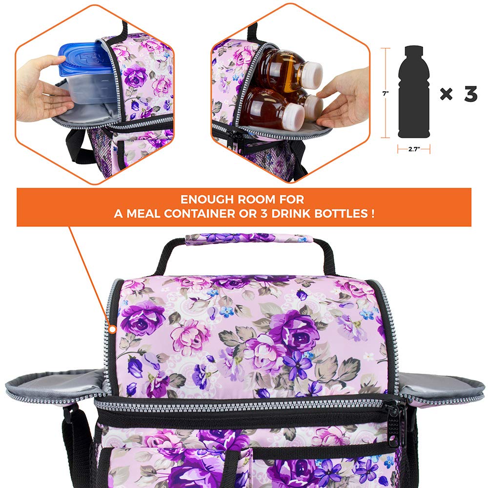 opux Lunch Bag Women Insulated, Adult Lunch Box Cooler, Flower Lunch Box, Dual Compartment Lunchbox for Work, Leakproof Double Decker Lunch Bag, Soft Lunch Pail Tote Girls Kids School, Floral Purple