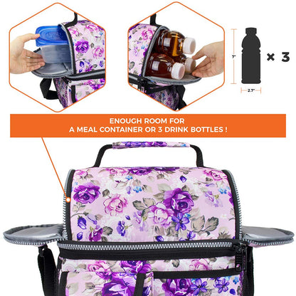 opux Lunch Bag Women Insulated, Adult Lunch Box Cooler, Flower Lunch Box, Dual Compartment Lunchbox for Work, Leakproof Double Decker Lunch Bag, Soft Lunch Pail Tote Girls Kids School, Floral Purple