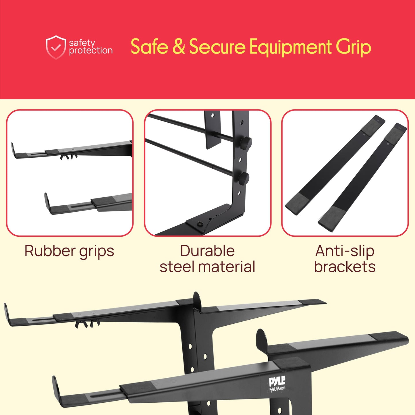 Pyle Portable Dual Laptop Stand - Standing Table with Adjustable Height, Ergonomic Design & Anti-Slip Prongs for DJ Mixer, Sound Equipment, Workstation, Gaming & Home Use - PLPTS38, Black