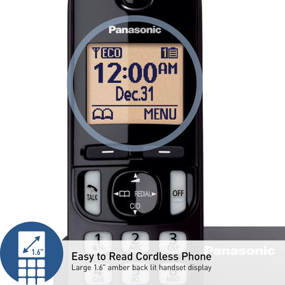 Panasonic Cordless Phone, 1.6" Backlit Display, Call Block, Speakerphone, 10 Hours Talk Time, 1 Handset - KX-TGC200B (Black)