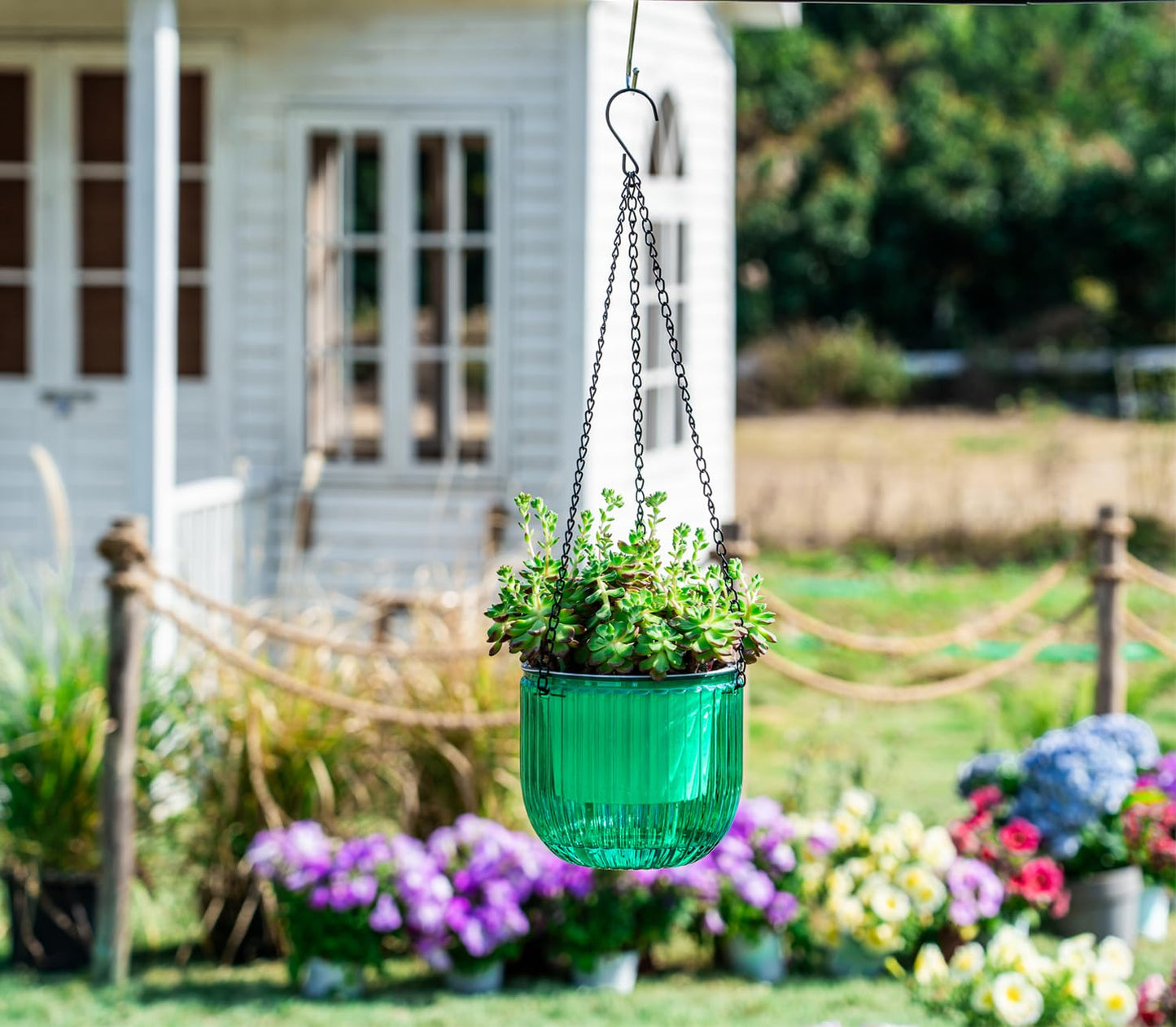 Melphoe 2 Pack Self Watering Hanging Planters Indoor Flower Pots, 6.5 Inch Outdoor Hanging Basket, Plant Hanger with 3Hooks Drainage Holes for Garden Home (Emerald)