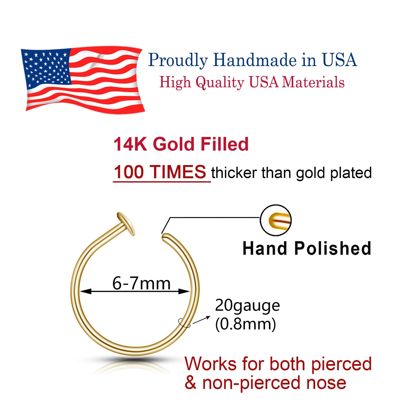 LUCKYJEWUS 14k Gold Filled 20G Small Thin Nose Ring Hoop for Women, 6mm - 7mm Adjustable Nostril Piercing Jewelry