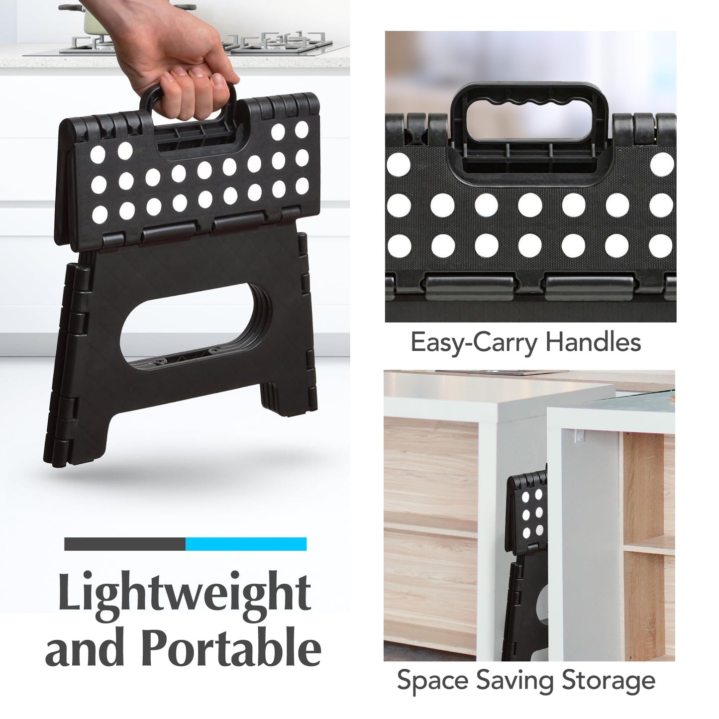 Handy Laundry Folding Step Stool - Sturdy Enough Collapsible Stool to Support Adults and Safe Enough for Kids - Opens Easy with One Flip - Great for Kitchen, Bathroom or Bedroom (Black - 9 Inch)