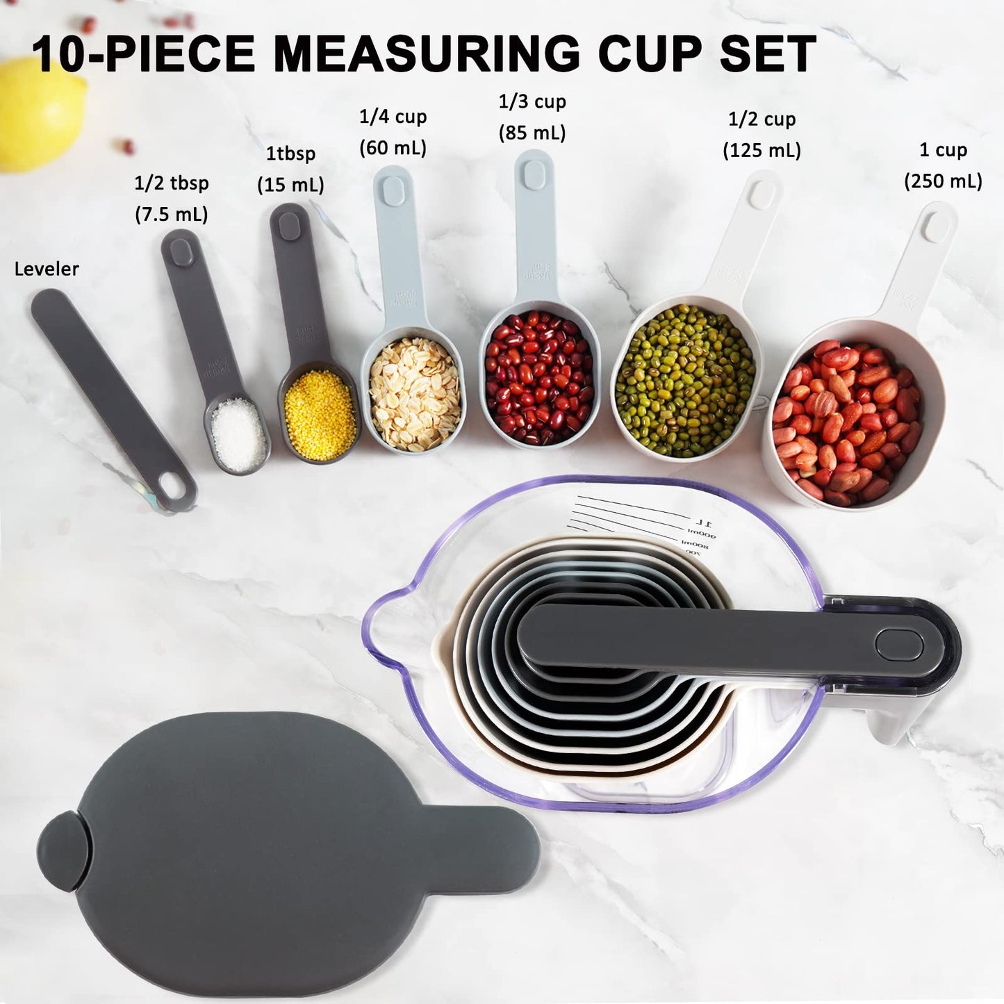 Recogwood Measuring Cups and Spoons set 10 Pieces, Stackable Measuring Cup with Lid, Kitchen Cooking Baking Measuring Spoons Set for Liquid and Dry, BPA Free, Dishwasher Safe