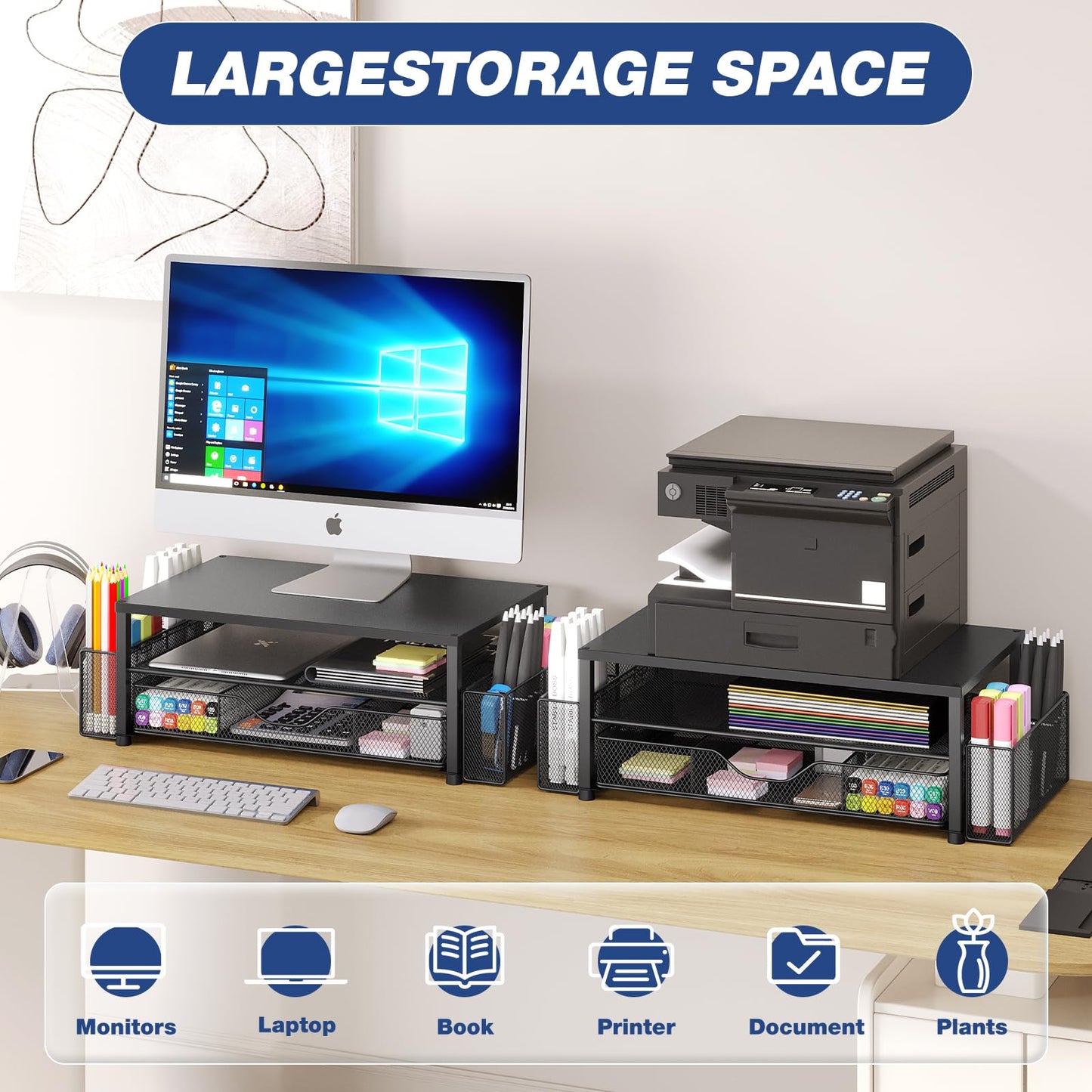 OPNICE Desk Organizer and Accessories, 2-Tier Computer Monitor Stand Riser with Drawer and 2 Pen Holders, Laptop Stand, Office Desk Accessories for Office Supplies, Black