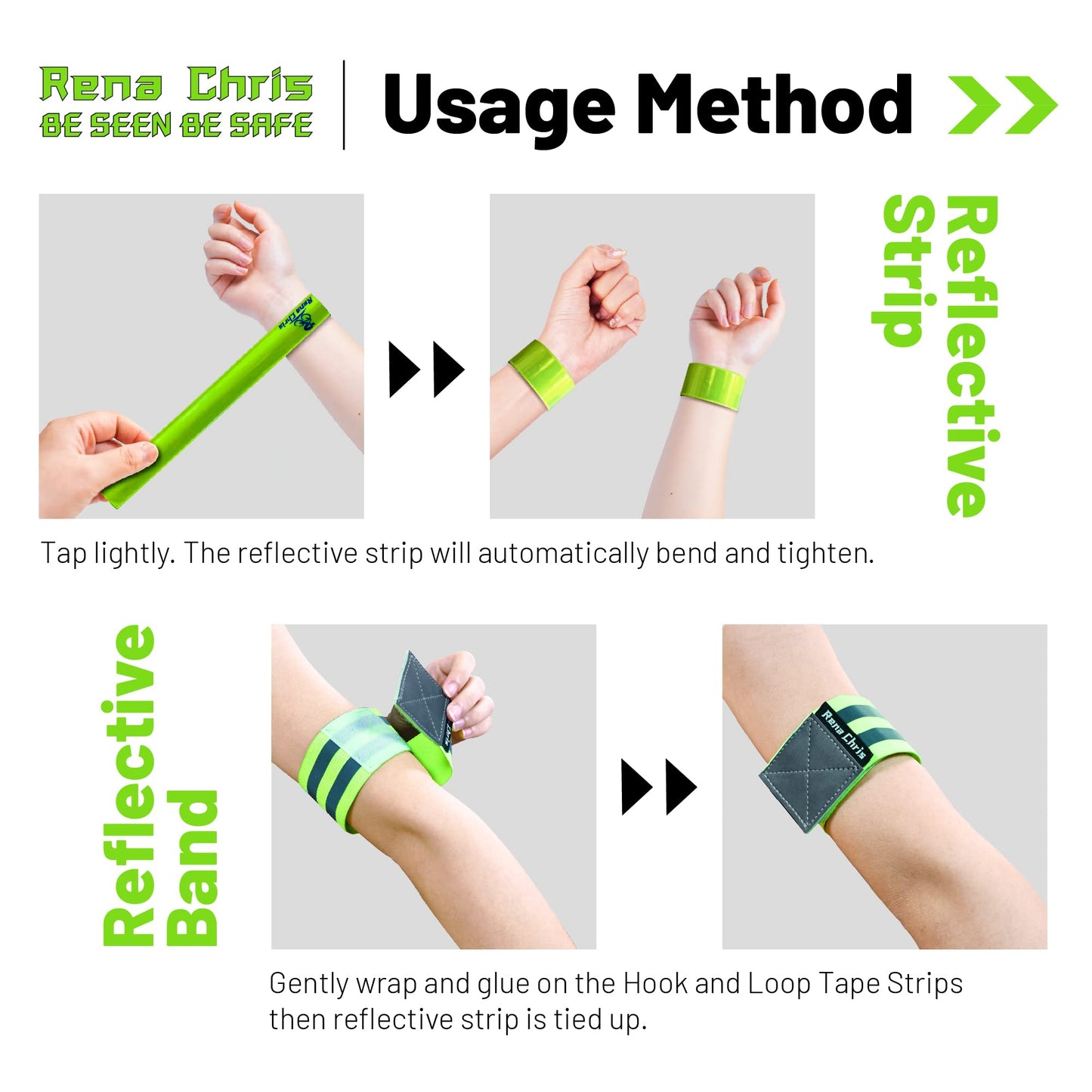 Rena Chris Reflective Running Gear, 4pcs High Visibility Reflective Arm Bands for Night Walking, Safety Running Gear with Reflective Tape for Clothing, Reflectors for Walking at Night, Running Safety Gear for Women, Man, Kids